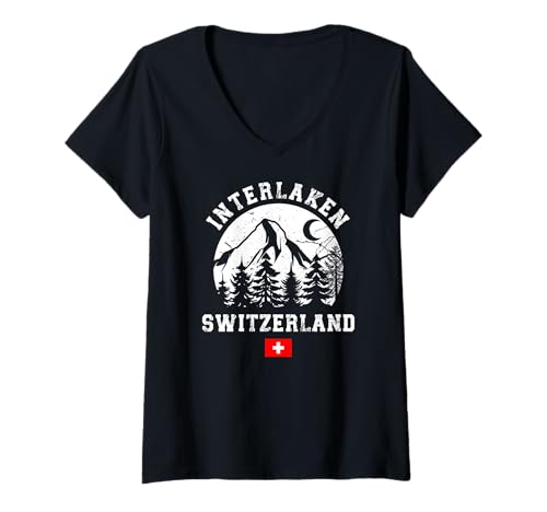 Damen Interlaken Schweizer Bergschweiz Alpen Souvenir Alpen T-Shirt mit V-Ausschnitt von Alps Souvenir Shop