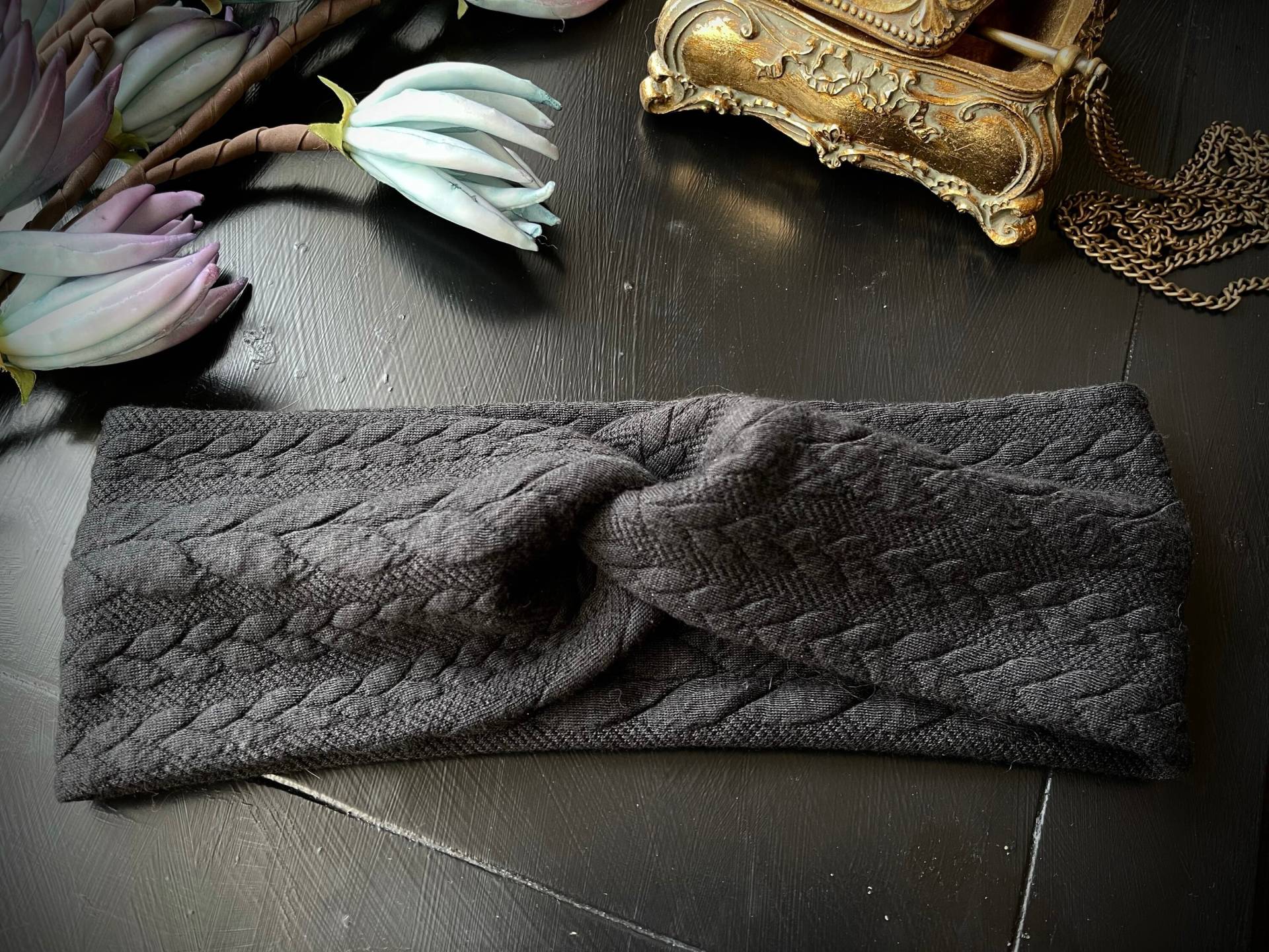 Knotenhaarband Stirnband Zopfmuster, Kuschelig Weich, Schwarz, Rockabilly Knotenstirnband Haarband Bandeau Headband Bandana Yoga Gothic von Alrunalovelace