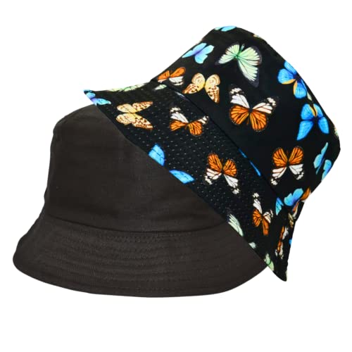 Alsino Anglerhut Fischerhut Sonnenhut Bucket Hat Reversibel Freizeithut Outdoor Wende-Hut Sommermütze Camping Reisen Wandern - für Damen Herren Kinder, Motiv wählen:Schmetterlinge schwarz von Alsino