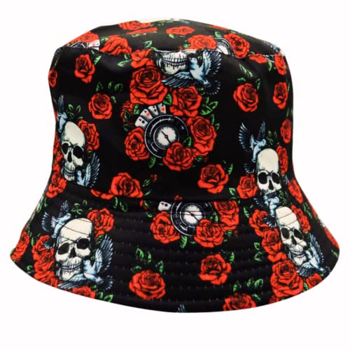 Alsino Anglerhut Fischerhut Sonnenhut Bucket Hat Hut Reversibel Freizeithut Outdoor Wende-Hut Sommermütze Herbst Camping Reisen Wandern - für Damen Herren Kinder, Rosen Totenkopf von Alsino