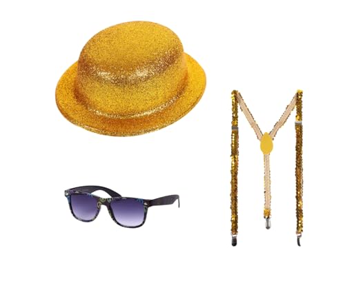 Alsino Disco Faschingsoutfit Set Kv-282 Glitzernder Melonen Hut, Glitter-Hosenträger & Sonnenbrille - Unisex, Ideal für Karneval, Farbe wählen:Gold von Alsino