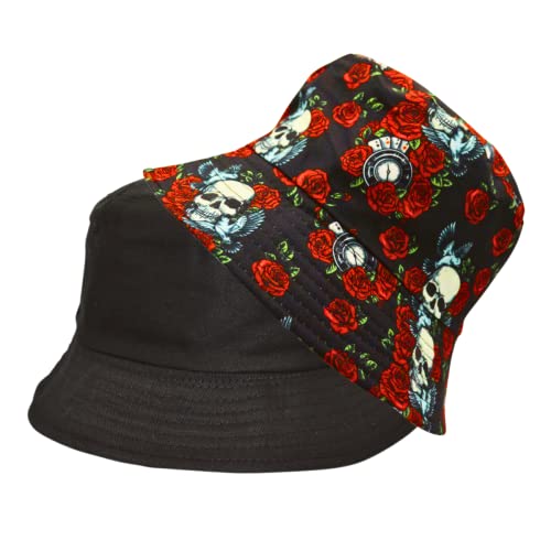 Alsino Anglerhut Fischerhut Sonnenhut Bucket Hat Reversibel Freizeithut Outdoor Wende-Hut Sommermütze Herbst Camping Reisen Wandern - für Damen Herren Kinder, Motiv wählen:Rosen Totenkopf von Alsino