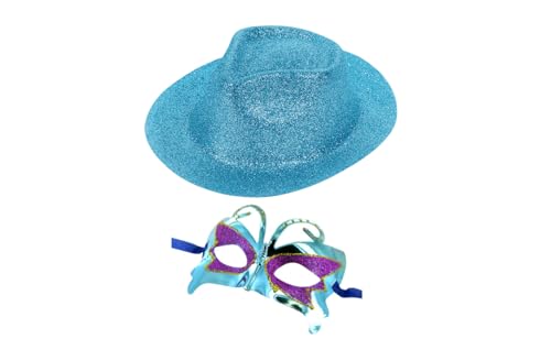 Alsino Karnevals Outfit Set Kv-281 Glitzernder Trilby Hut & Venezianische Maske - Unisex, Perfekt für Fasching und Partys, Farbe wählen:türkis von Alsino