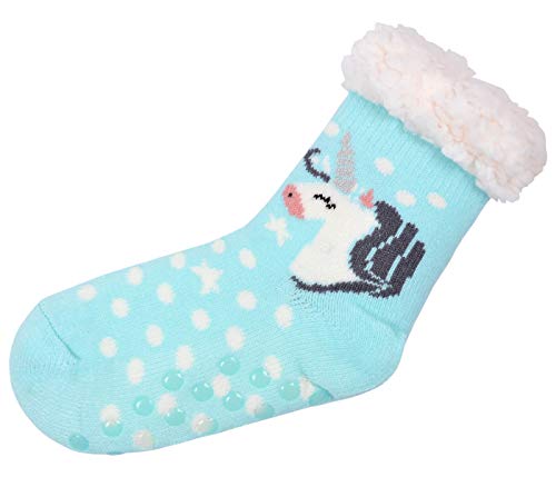 Alsino Kinder Einhorn Hüttensocken flauschige Kuschelsocken Hausschuhe Norweger Noppen Plüsch Weihnachtssocken Größe 25-30 mit Teddyfell und ABS Antirutsch-Sohle, blau - 1 Paar von Alsino