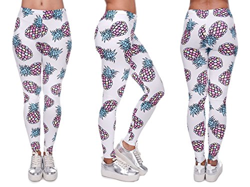 Alsino Leggings Damen Bedruckt Sexy Leggins Ladies mit Print Look Motiv Muster Stretch Legins Hose, Variante wählen:LEG-098 Ananas bunt von Alsino