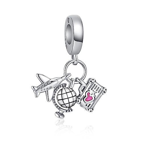 Alstiva Flugzeug, Globus und Koffer Charm-Anhänger 925 Sterling Silber 5A Zirkonia Charm Anhänger für Armband Charm Bead Pendant für Europäische Armbänder Halsketten Schmuck Geschenk für Damen Frauen von Alstiva