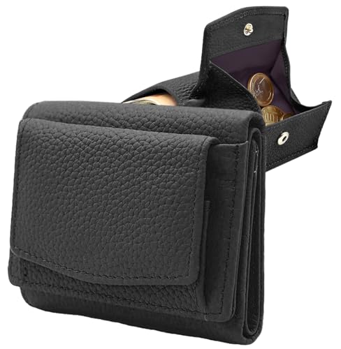 Alster Herz* Kleine Geldbörse Damen Echtleder mit Münzfach & RFID Schutz – Mini Portemonnaie für Frauen Kompaktes Kreditkartenetui aus Rindsleder – Hochwertiger Damen Geldbeutel (Schwarz) von Alster Herz