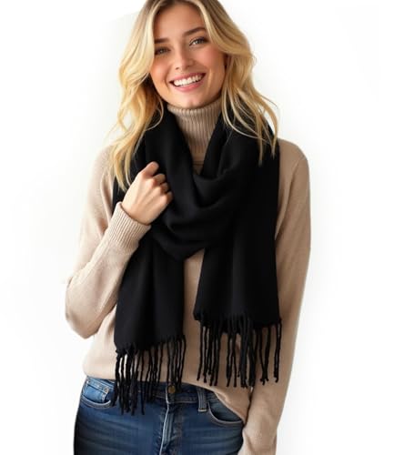 Alster Herz* Schal Damen Winter, Hochwertiger Strickschal Pashmina Feel, XXL Winterschal Frauen Kuschelig Weich Warm, Halstuch Oversized mit Fransen (Schwarz) von Alster Herz