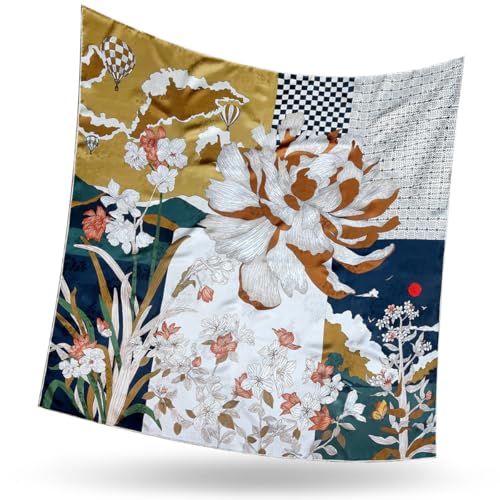 Alster Herz Premium Seidenschal Damen 100% reine Seide – hochwertiges großes Halstuch Damen, 108x108 cm Seidenschal, 20 Momme Qualität doppelseitig bedruckt, Botanisch, Retro-Stil (Retro Botanisch) von Alster Herz