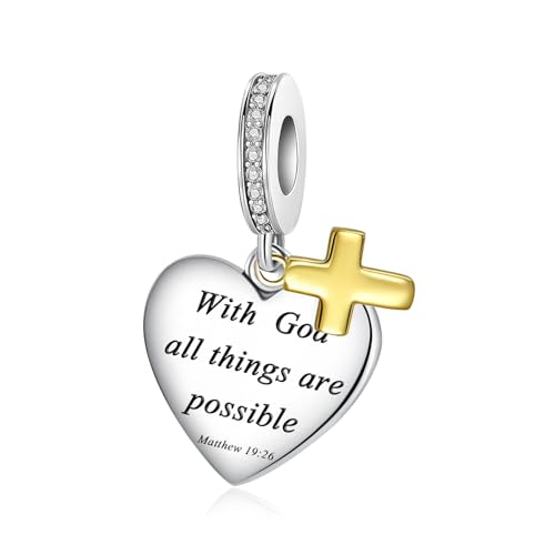 Alstiva Bibel-Charm-Anhänger „With God all things are possible“ 925 Sterling Silber 5A Zirkonia Charm Anhänger für Armband Pendant für Europäische Armbänder Halsketten Geschenk Freundin Frauen Damen von Alstiva