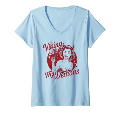 Damen Vibing with My Demons Devil Girl im Retro-Look T-Shirt mit V-Ausschnitt Damen Vibing with My Demons Devil Girl im Retro-Look T-Shirt mit V-Ausschnitt von Alt Gothic Dark Humor Vibe Outfits
