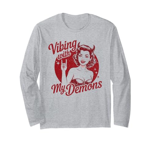 Vibing with My Demons Devil Girl im Retro-Look Langarmshirt Vibing with My Demons Devil Girl im Retro-Look Langarmshirt von Alt Gothic Dark Humor Vibe Outfits