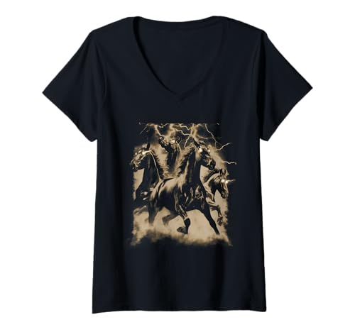 Damen Vintage Horse Lightning Retro 80s 90s Western Grunge Graphic T-Shirt mit V-Ausschnitt Damen Vintage Horse Lightning Retro 80s 90s Western Grunge Graphic T-Shirt mit V-Ausschnitt von Alt Gothic Western Retro Cowboy Horse Rider Merch