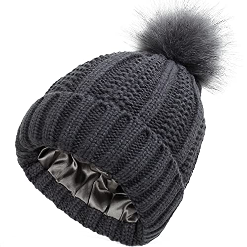 Altartar Damen Slouch Beanie Bommelmütze Warme Wintermütze Weiche Strickmütze Hat Grobstrick Cap mit Satin Gefüttert für Mädchen Dunkelgrau von Altartar