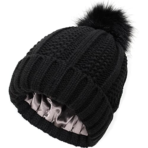 Altartar Damen Slouch Beanie Bommelmütze Warme Wintermütze Weiche Strickmütze Hat Grobstrick Cap mit Satin Gefüttert für Mädchen Schwarz von Altartar