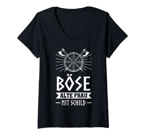 Damen Böse alte Frau mit Schild Schildmaid Alte Frau T-Shirt mit V-Ausschnitt von Alte Frau & Kriegerin Geschenk