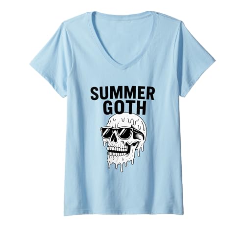 Damen Schmelzende Totenkopf-Sonnenbrille, lustige Sommerwelle T-Shirt mit V-Ausschnitt von Alternative Gothic Skull Heatwave Streetwear