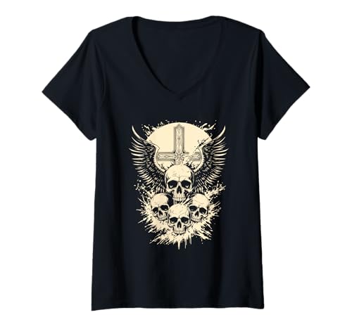 Damen Gotisches Totenkopf-Design mit Flügeln, Grunge-Punk, Y2K-Emo-Ästhetik T-Shirt mit V-Ausschnitt Damen Gotisches Totenkopf-Design mit Flügeln, Grunge-Punk, Y2K-Emo-Ästhetik T-Shirt mit V-Ausschnitt von Alternative Grunge Alt Y2K Apparel For Men & Women