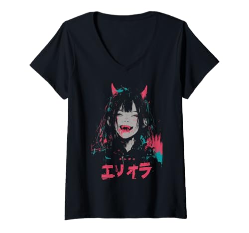 Damen Goth Grunge Dämon Anime Girl Waifu Horror Alt-Ästhetik T-Shirt mit V-Ausschnitt von Alternative Vaporwave Gothic Sad Alt Grunge Woman