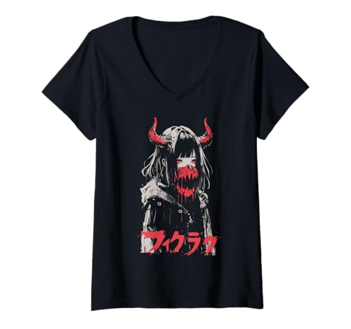 Damen Goth Grunge Dämon Anime Girl Waifu Horror Alt-Ästhetik T-Shirt mit V-Ausschnitt von Alternative Vaporwave Gothic Sad Alt Grunge Woman