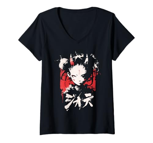 Damen Goth Grunge Dämon Anime Girl Waifu Horror Alt-Ästhetik T-Shirt mit V-Ausschnitt von Alternative Vaporwave Gothic Sad Alt Grunge Woman