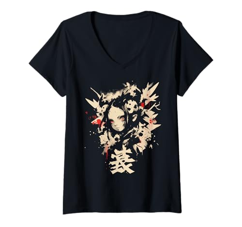 Damen Goth Grunge Dämon Anime Girl Waifu Horror Alt-Ästhetik T-Shirt mit V-Ausschnitt von Alternative Vaporwave Gothic Sad Alt Grunge Woman