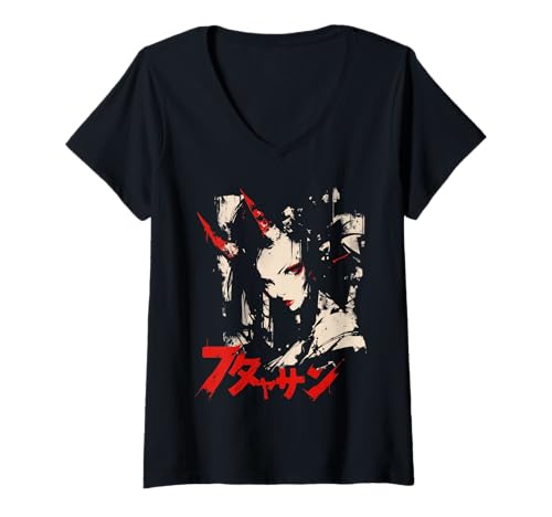 Damen Goth Grunge Dämon Anime Girl Waifu Horror Alt-Ästhetik T-Shirt mit V-Ausschnitt von Alternative Vaporwave Gothic Sad Alt Grunge Woman