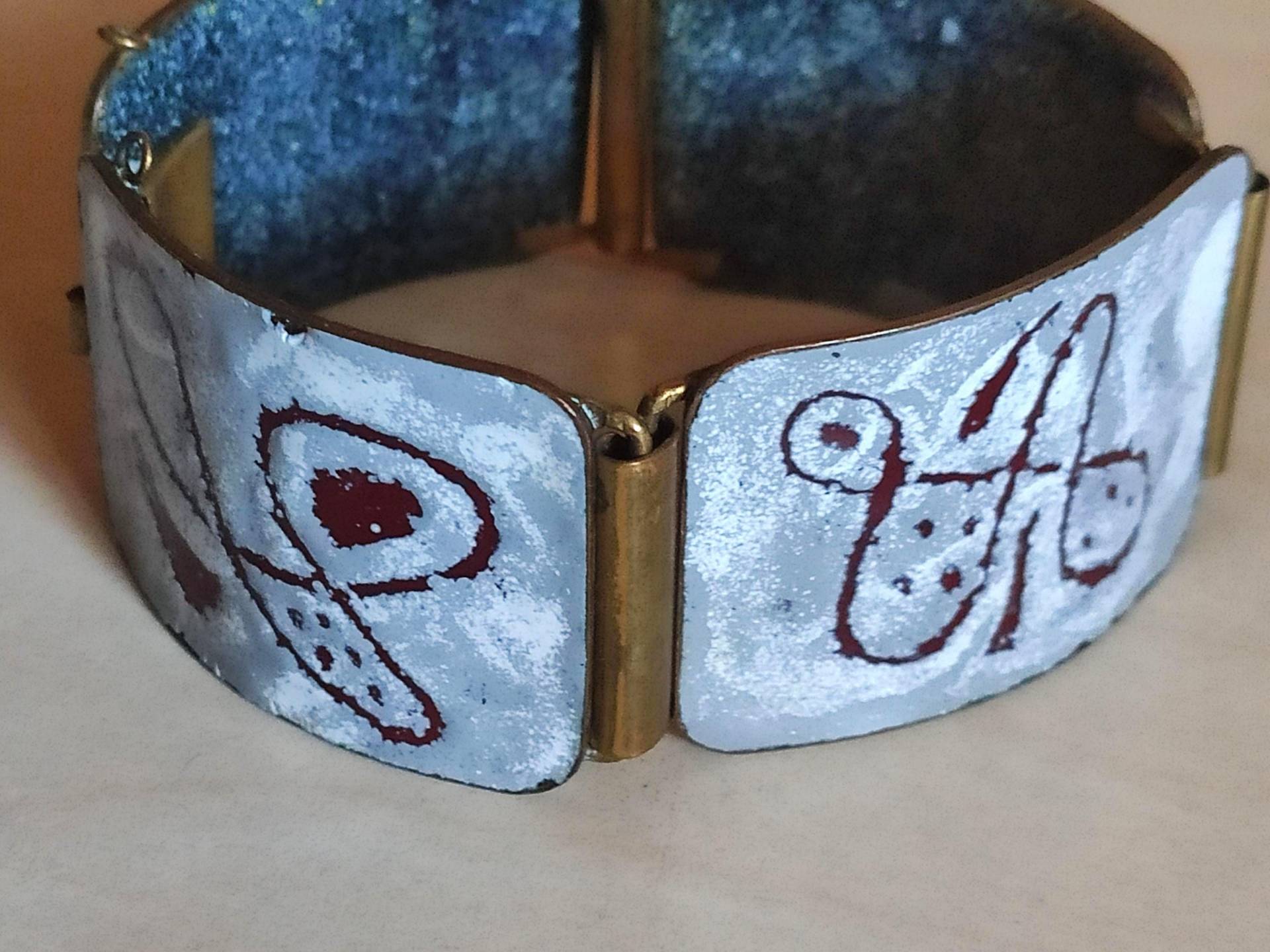 Vintage Gliederarmband Kupfer Emaille Mid Century Modern Abstrakt Link Armband Handbemalt 18 cm von AltesundRares