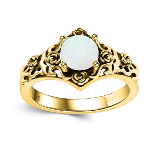 1 Karat Vintage Weißer Opal Ring 925 Sterling Silber mit Gelbgold Farbe Oktober Geburtsstein mit Text Promise Ring für Frauen Geschenke 1 Karat Vintage Weißer Opal Ring 925 Sterling Silber mit Gelbgold Farbe Oktober Geburtsstein mit Text Promise Ring für Frauen Geschenke von Althum