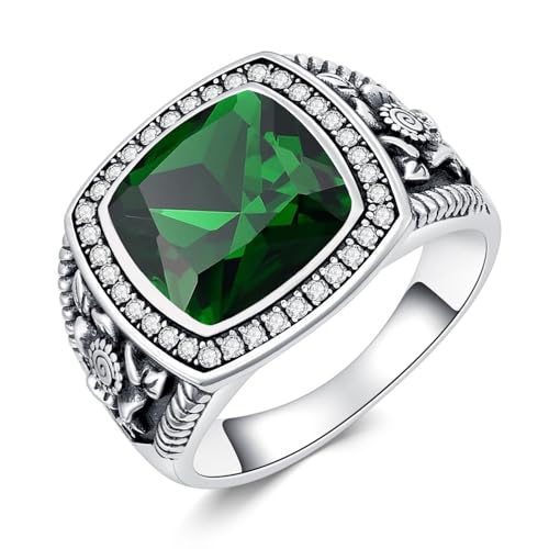 10mm Quadratischer Schliff Erstellt Smaragd Vintage Band Herrenring 925 Sterling Silber Grüner Smaragd Oxidiert Daumenring mit Retro-Filigran für Vater Männer Geschenke von Althum