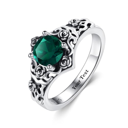 1CT Vintage Smaragd Ring 925 Sterling Silber Rundschliff Smaragd Ring Retro Filigrane Rose Smaragd Grün Personalisierter Name Versprechen Ring für Jahrestag Geburtstag Frauen Geschenke Größe 18 von Althum