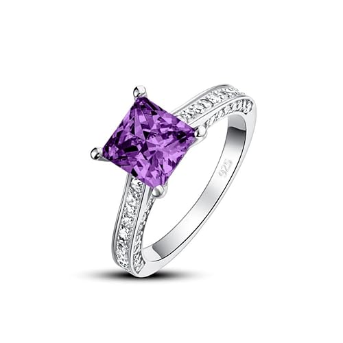 Althum 1 Karat Quadratischer Amethyst Geburtsstein-Ehering 925er Sterlingsilber Februar Geburtsstein-Ehering mit Moissanit Jahrestagsschmuck Geschenk für Frauen von Althum