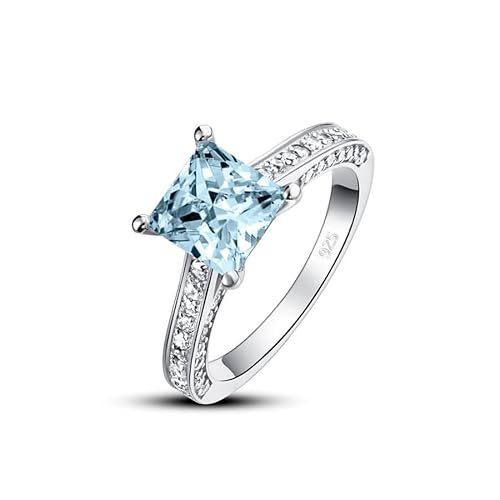 Althum 1 Karat Quadratischer Aquamarin Geburtsstein-Ehering 925er Sterlingsilber März Geburtsstein-Ehering mit Moissanit Jahrestagsschmuck Geschenk für Frauen von Althum