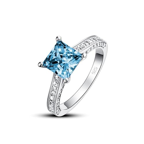 Althum 1 Karat Quadratischer Blauer Topas Geburtsstein-Ehering 925er Sterlingsilber Dezember Geburtsstein-Ehering mit Moissanit Jahrestagsschmuck Geschenk für Frauen von Althum