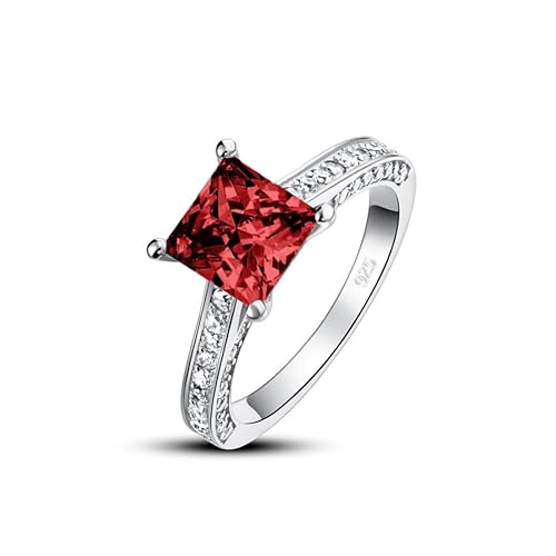 Althum 1 Karat Quadratischer Granat Geburtsstein-Ehering 925er Sterlingsilber Januar Geburtsstein-Ehering mit Moissanit Jahrestagsschmuck Geschenk für Frauen von Althum