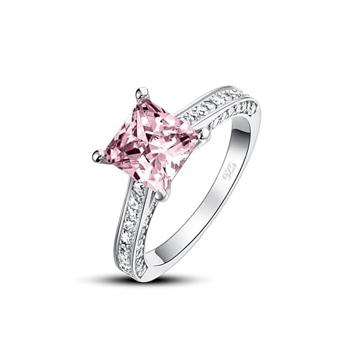 Althum 1 Karat Quadratischer Rosa Turmalin Geburtsstein-Ehering 925er Sterlingsilber Oktober Geburtsstein-Ehering mit Moissanit Jahrestagsschmuck Geschenk für Frauen von Althum