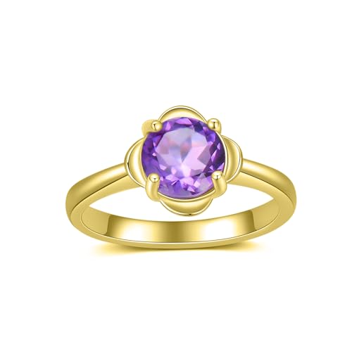 Althum 1.5CT Amethyst Verlobungs Ring für Frauen 925 Sterling Silber 7.5mm Runder Schnitt Natürlicher Lila Amethyst Ring für Muttertag Valentinstag (Yellow) von Althum