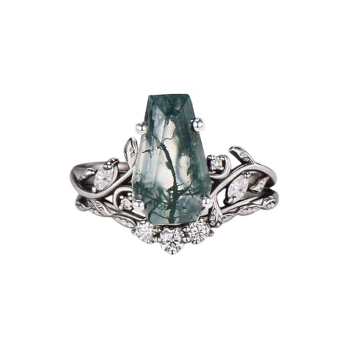 Althum Individuelles Moosachat-Verlobungsring-Set aus 925er Sterlingsilber Sarg-Moosachat-Jahresringe für Damen. von Althum