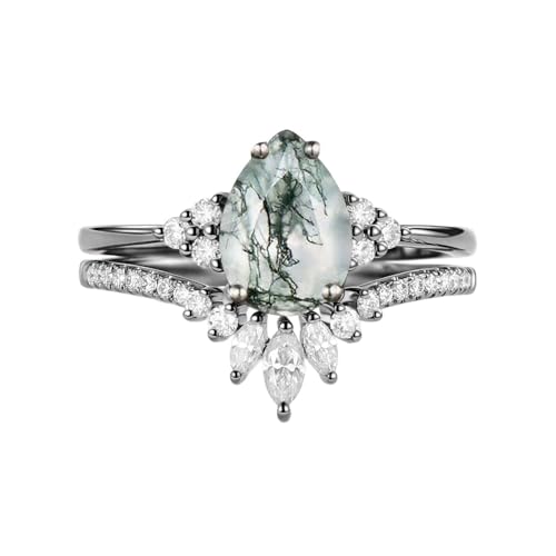 Althum Moosachat-Verlobungsring-Set 925er Sterlingsilber Natur Tropfenform Vintage-Achatringe Schmuckgeschenk für Frauen von Althum