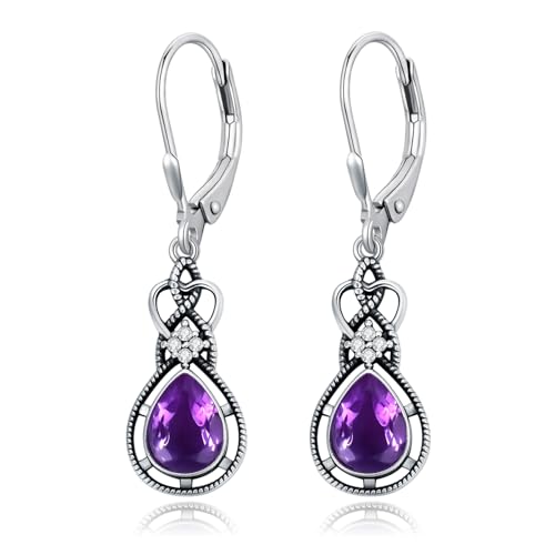 Althum Natürlicher Amethyst Ohrringe Vintage, 925 Oxidiertes Sterling Silber mit Zwirbelrand & 1.2mm Zirkonia, Träufelform 9 * 7mm Ohrhaken für Frauen Elegant von Althum
