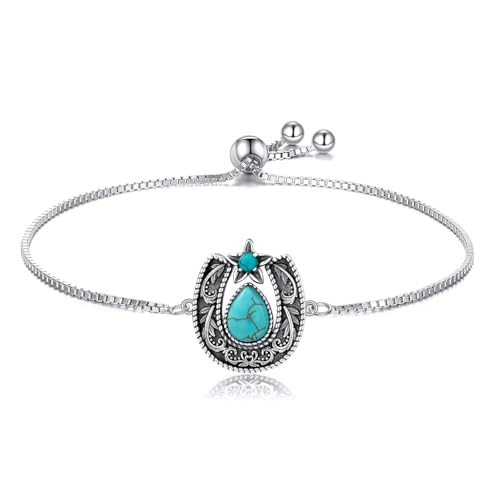 Althum Vintage Hufeisen mit Türkis Verstellbares Armband 925 Sterling Silber Pear Cut Natürlichen Grün Türkis Armband mit 6,5 Zoll Box Kette für Frauen von Althum