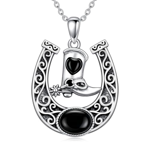 Althum Western Halskette mit Hufeisen aus Schwarzem Onyx 925er Sterlingsilber Cowboystiefel Hufeisen mit Schwarzem Onyx Anhänger Halskette für Damen von Althum