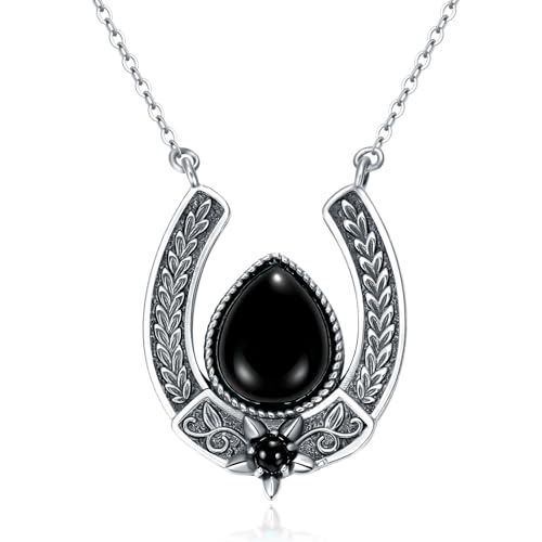 Althum Western Halskette mit Schwarzem Onyx im Hufeisen-Design 925er Sterlingsilber Tropfenform echter Schwarzer Onyx Retro Hufeisen Anhänger für Westernfrauen von Althum