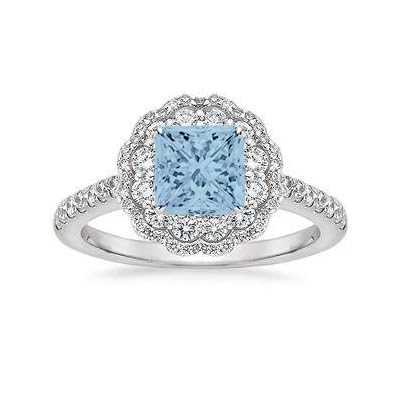 Althum1,5 Karat Prinzess-Schliff Blauer Aquamarin mit Moissanit Personalisierter Ring 925er Sterlingsilber Aquamarin Geburtsstein Verlobungsringe Schmuck zum Jahrestag Geschenk für Frauen von Althum