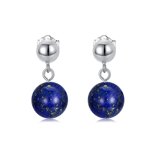 Blau Lapis Lazuli Ohrringe 925 Sterling Silber 8mm Beaded Runde Ball Baumelnde Ohrhänger von Althum