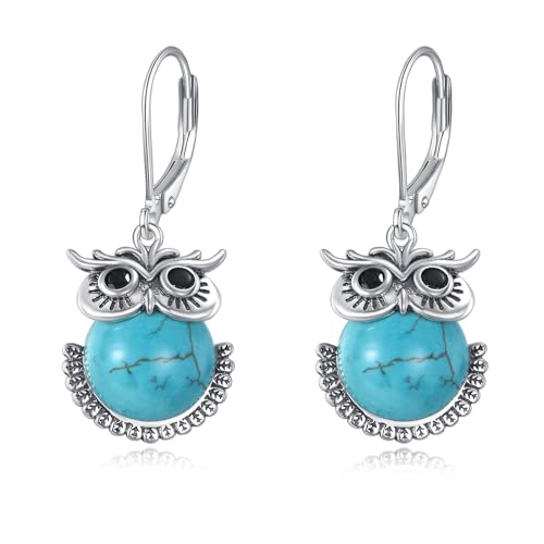Eulen Türkis Ohrringe 925er Sterling Silber 10x10 mm Rund Echter Türkis baumelnde Ohrringe für Damen von Althum