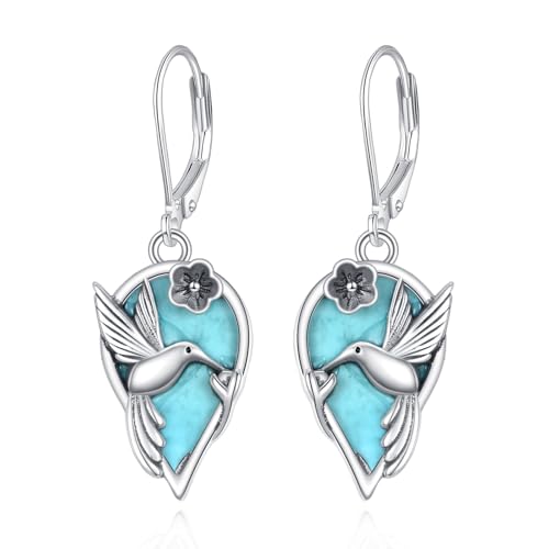 Kolibri Türkis-Ohrringe 925er Sterling Silber 14 x 9 mm Natürlicher Türkis mit Kolibri LeverBack Ohrringe Schmuckgeschenk für Frauen von Althum