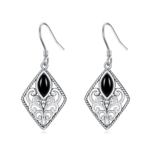 Marquise Geformt Echte Schwarz Onyx Vintage Haken Ohrringe 925 Sterling Silber Natürlichen Schwarz Onyx Boho Baumeln Ohrringe für Frauen Geschenke von Althum