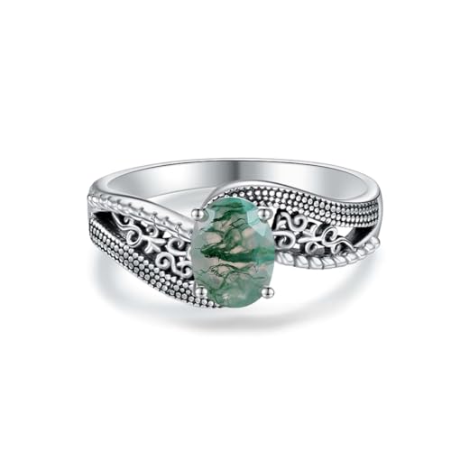 Natural Moss Achat Ring 925 Sterling Silber Vintage Band Ring mit 5 * 7mm Oval Cut Moss Achat Versprechen Hochzeit Verlobung personalisierten Namen Ring für Frauen Größe 19 von Althum