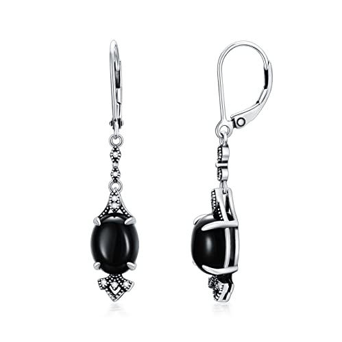 Ohrringe Onyx Schwarz 925 Sterling Silber Vintage Dangle Drop Leverback Ohrhänger Oval 10mm Stein Achat Ohrringe für Frauen (Style B) von Althum